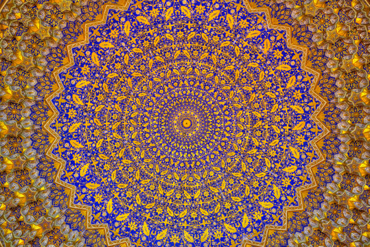 Interior, ceiling medallion of the Tilla-Kari Mosque (completed in 1660) at Registan Square; Samarkand, Uzbekistan