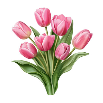 Bouquet of pink tulips on transparent background, realistic illustration. Valentine's Day