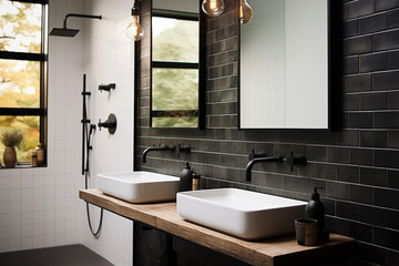 Interior of modern bathroom with black and white brick walls and wooden countertop