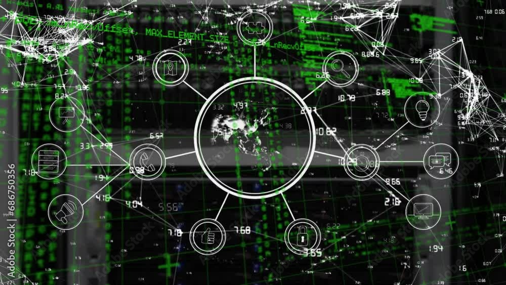 Poster animation of flowchart, globe, connected dots with computer language over black background