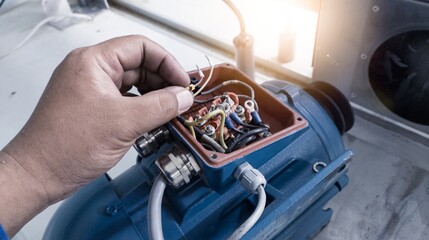 an Electrician Connecting the cable terminals power induction three phase motor.
