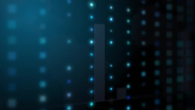 Abstract background concept with dotted world map and bar analysis. Grid of glowing bright vertical points pattern moving on dark blue background. 