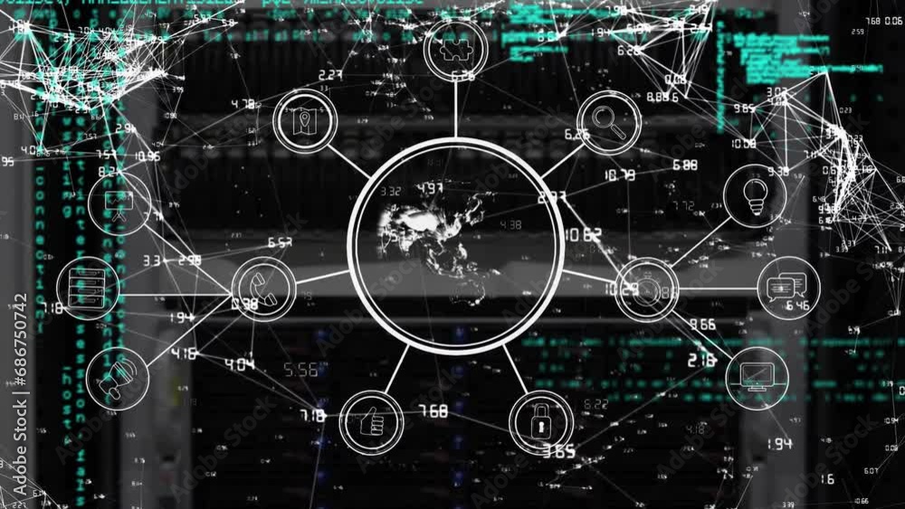Poster animation of flowchart, globe, connected dots with computer language over abstract background
