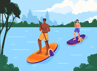 Active rest at boards. Man and woman at sufrboards with paddles at river. Active lifestyle and leisure outdoor. Holiday and vacation. Poster or banner. Cartoon flat vector illustration