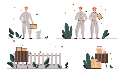 Apiarist characters set. Man and woman in uniform with bees and hives. Apiary and honeycomb. Production of honey process. Cartoon flat vector collection isolated on white background