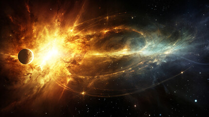 Planets, stars and galaxies in outer space. Supernova solar storm of space exploration. 