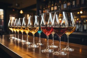 Rows of beautiful glasses elegantly arranged on the bar counter, inviting guests to indulge in tasting a variety of wines and drinks. - obrazy, fototapety, plakaty