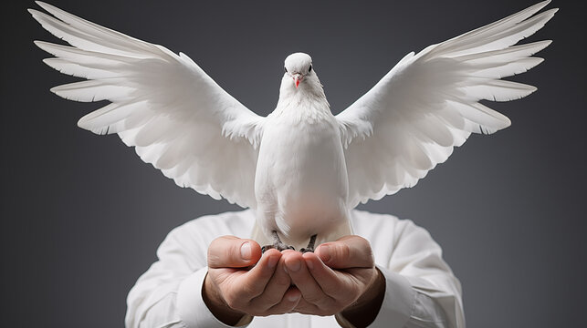 white dove in the hands of a man on a gray background. - Powered by Adobe