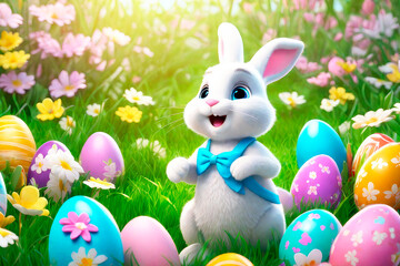 Easter greeting card with bunny, colourful eggs and flowers, 3d render modern illuatration.