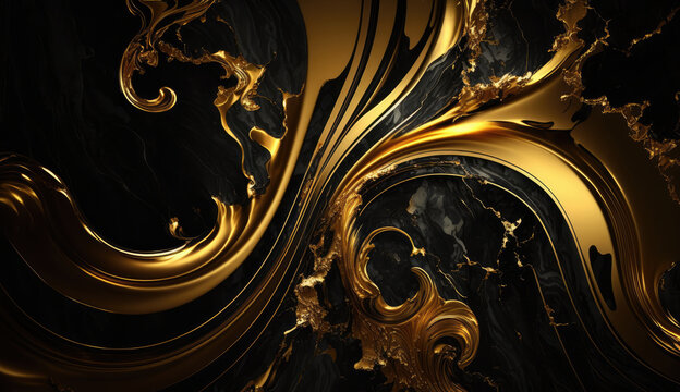 Black Marble Background with Golden Patterns. Dark Marbled Backdrop with Golden viens and pattern.  Luxury abstract background for banner, greeting card, invitation