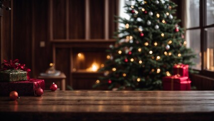Minimal Christmas tree and gift boxes on a empty wooden table 