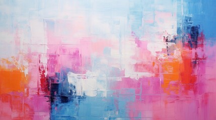 textured abstract painting with thick, luscious strokes of pink, blue, and orange paint. The vibrant colors come to life on the canvas