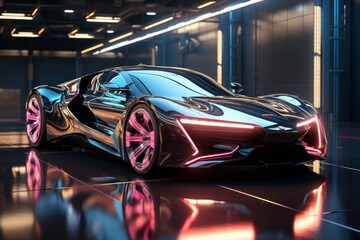 An abstract 3D car portrayed in a futuristic neon digital style, exuding a sense of innovation and dynamism..