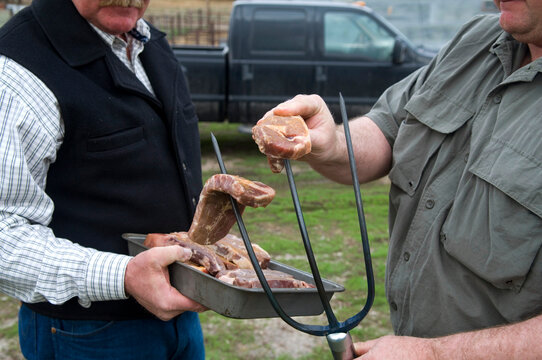 Steaks cooked on pitchforks at a ranch; Burwell, Nebraska, United States of America
