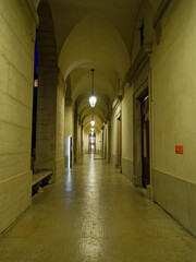 Wide angle night view of Lyon's Hôtel-Dieu, renovated and repurposed hospital, monumental corridor, Lyon, France