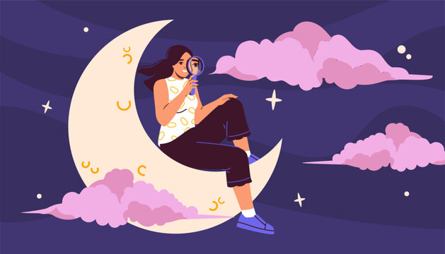 Woman dream at crescent. Young girl with magnifying glass sitting in night sky. Imagination and fantasy. Character looking for wishes. Rest and relax. Cartoon flat vector illustration
