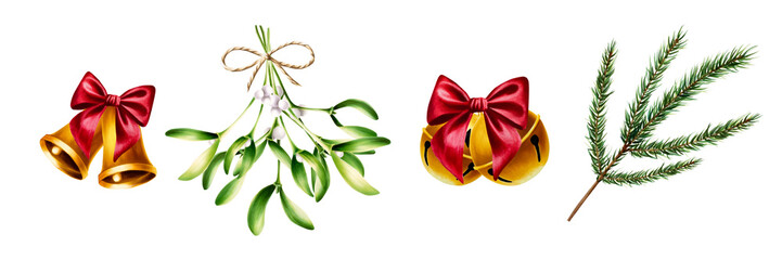 Watercolor christmas golden bells with red satin bow, green mistletoes with twine satin bow illustration. New year pine branchl isolated on white background. For designers, decoration, shop, for postc