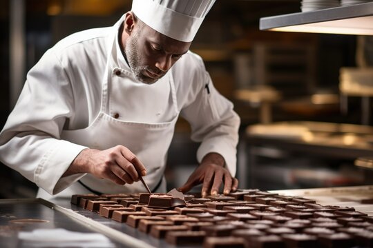 dark-skinned chef chocolatier prepares chocolates