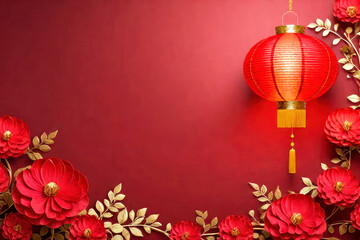 Abstract oriental background. Chinese new year card in red with hanging lanterns, greeting card template.