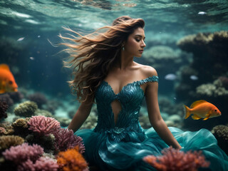 mermaid, beautiful girl underwater in a dress