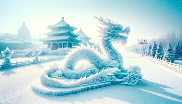 Ice festival background in Harbin, China with dragon ice sculpture.