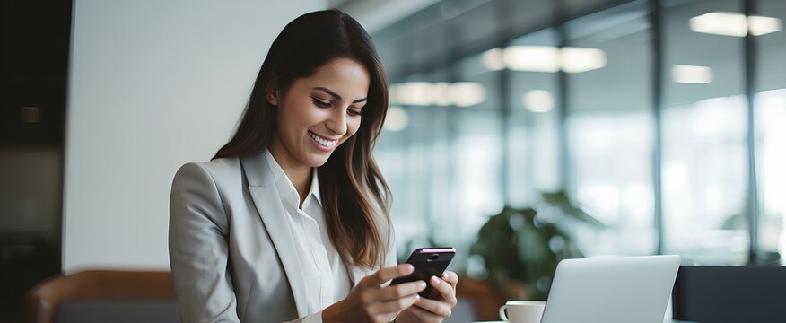 Happy business woman holding phone using cellphone in office. Smiling professional businesswoman executive using smartphone cell mobile apps on cellphone working sitting at desk. generative AI