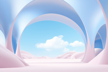 an evocative landscape scenery with pink desert and white walls, light blue calm sky and clouds, minimal quiet concept theme, space for product objects