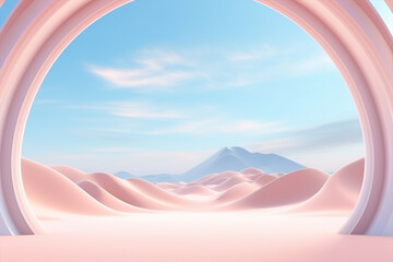 an evocative landscape scenery with pink desert and white walls, light blue calm sky and clouds, minimal quiet concept theme, space for product objects