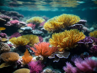 Naklejka na ściany i meble beautiful coral reef underwater, anemones, seaweed, undersea