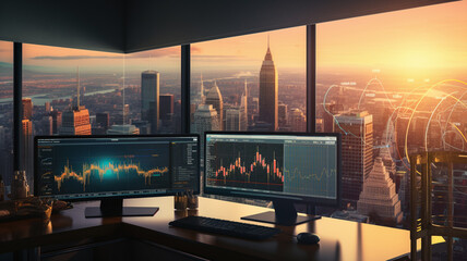 multiple screen graphic markets finance, stock and business on city view background, office station ina tower city, night blue palette lights