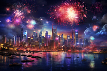  fireworks and pyrotechnics for end-of-year /new year, celebrations in the city streets background, , skyline aerial view buildings, neon blue vaporwave colors mood