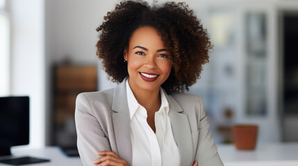 Close up portrait of a smiling businesswoman in suit standing against office background.