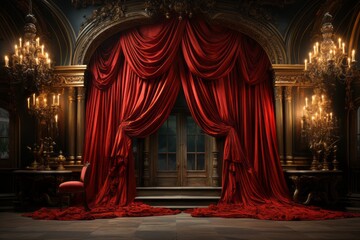 Indulge in the opulence of a room adorned with red velvet curtains, golden touches, and the enchanting glow of candles, creating an atmosphere of refined luxury.
