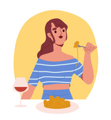 Girl eat and drink concept. Woman with spaghetti and glass of wine. Dessert and delicacy, beverage. Template and layout. Cartoon flat vector illustration isolated on white background