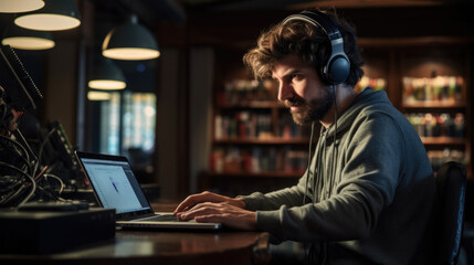 Stock photo of a sound engineer mixing audio for a documentary in a library generative ai - obrazy, fototapety, plakaty