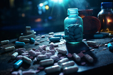 various drugs scattered on the table in blurred light, in the style of dark gray and azure created with Generative Ai