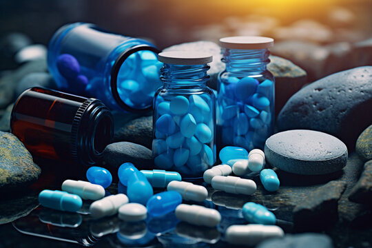 various pills scattered on the table in blurred light, in the style of dark gray and azure created with Generative Ai