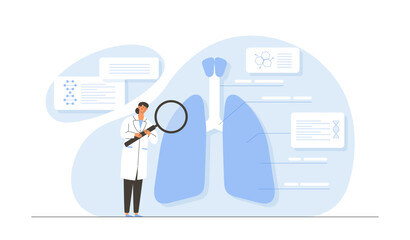 Medical lungs research concept. Woman in coat analyze bronchial structure and anatomy. Health care, diagnosis and treatment. Cartoon flat vector illustration isolated on white background