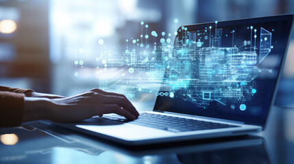Person is using a laptop with a futuristic blue cyber network graphic overlay