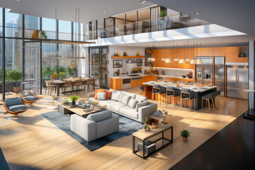 Open concept apartment, where spaciousness and seamless flow reign supreme. Walls disappear, creating an expansive living area that fosters connection and a sense of airiness. - obrazy, fototapety, plakaty