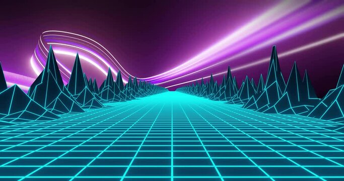 Animation of 3d model of mountains and dynamic wave pattern against black background