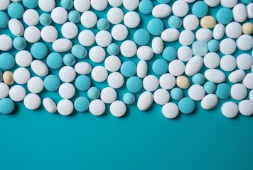 pills or capsules on a blue table, in the style of colorful installations