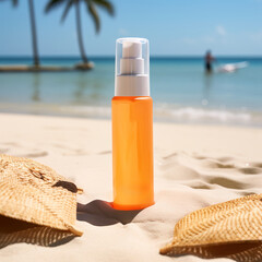 Fototapeta na wymiar Facial spray with sunscreen for sensitive skin, mock up, blurred background