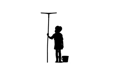 Portrait of farmer isolated on white background with alpha channel. Silhouette of little girl gardener in hat standing and holding rake and bucket.