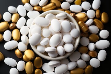 white pills and tablets lying in the background on a table