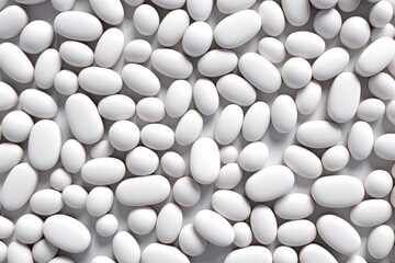 white pills are placed on a white table to create a background