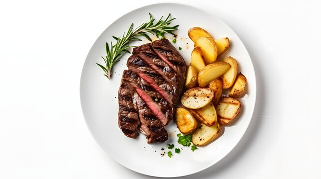 grilled beef steak and potatoes on plate isolated on white background, top view