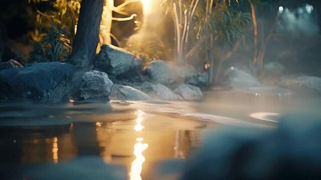 Closeup of delicate moonlight filtering through the trees and reflecting on the surface of the hot spring, creating a magical atmosphere.