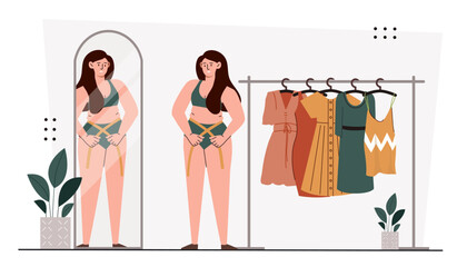 Sad woman standing near wardrobe. Young girl in underwears look at mirror. Person cant choose outfit. Fashion, trend and style. Cartoon flat vector illustration isolated on white background