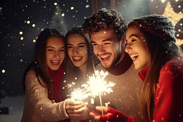 Group of friends celebrating new year's eve, New Year with sparklers
